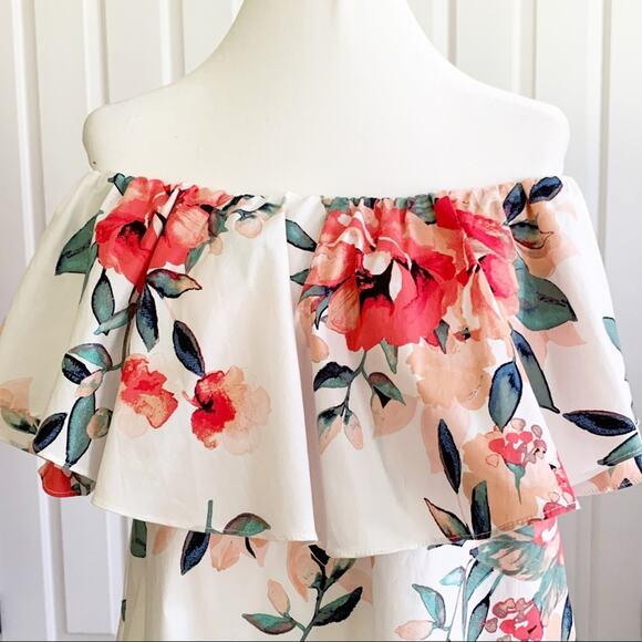 Adrienne Dress Tropical Floral On Off Shoulder Ruffle Neckline Sleeveless Small - Picture 2 of 15